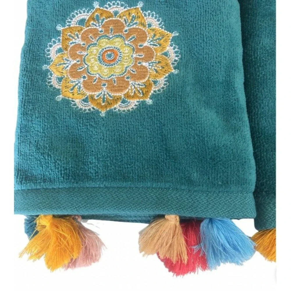 Boho Desert Southwest Hand Towels Embroidered Tassels Native Turquoise Set of 2